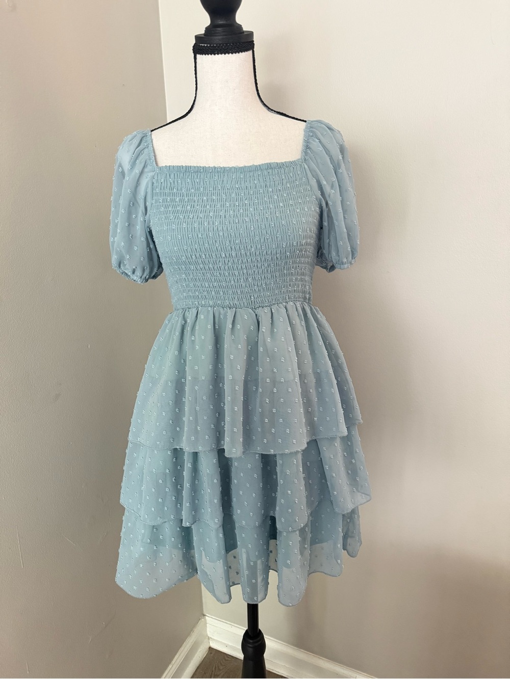 Altar'd State Swiss Dot Smocked Tiered Mini Dress | Size Small